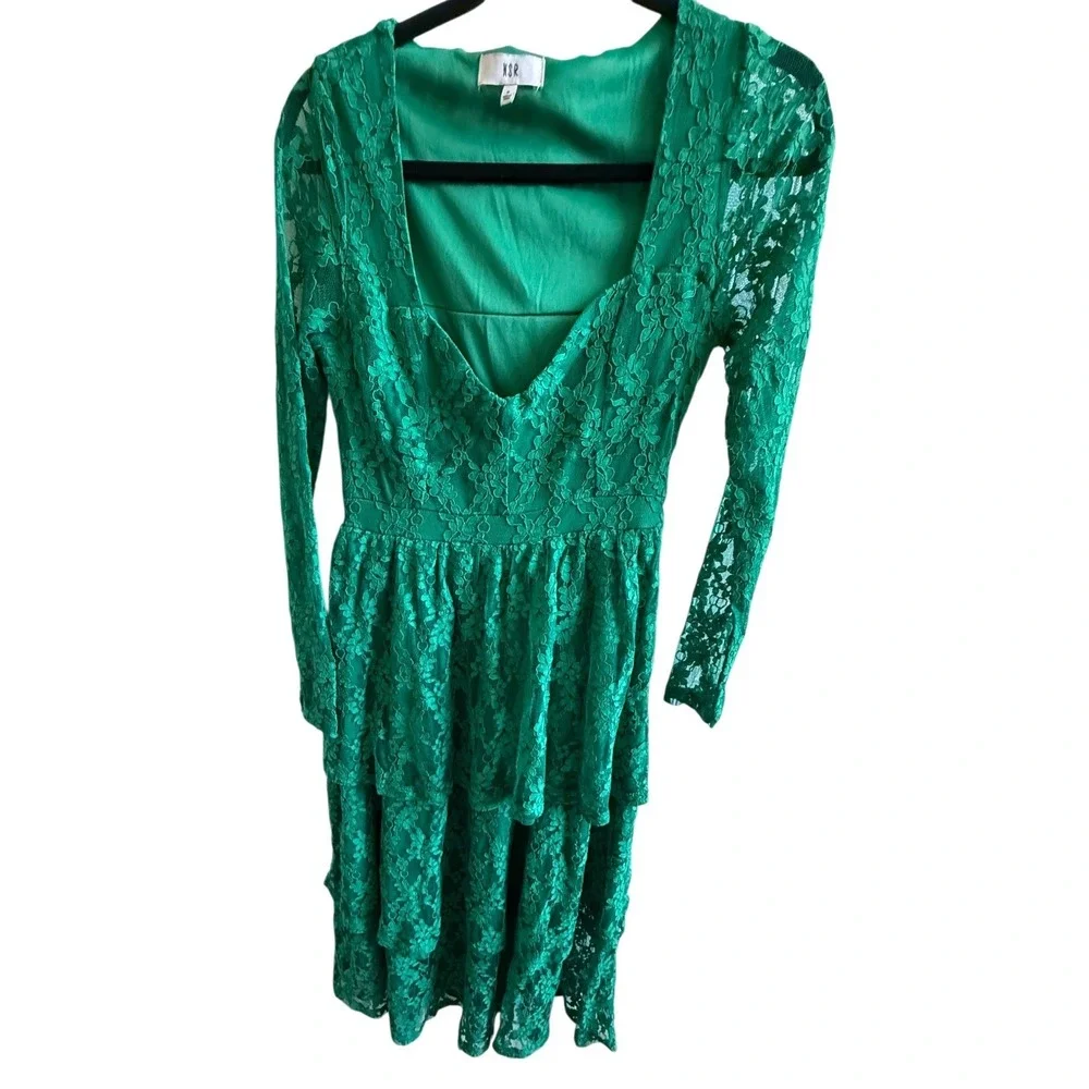 NSR Emerald Green Lace Tiered Midi Dress V-Neck S Romantic Whimsygoth Fairy